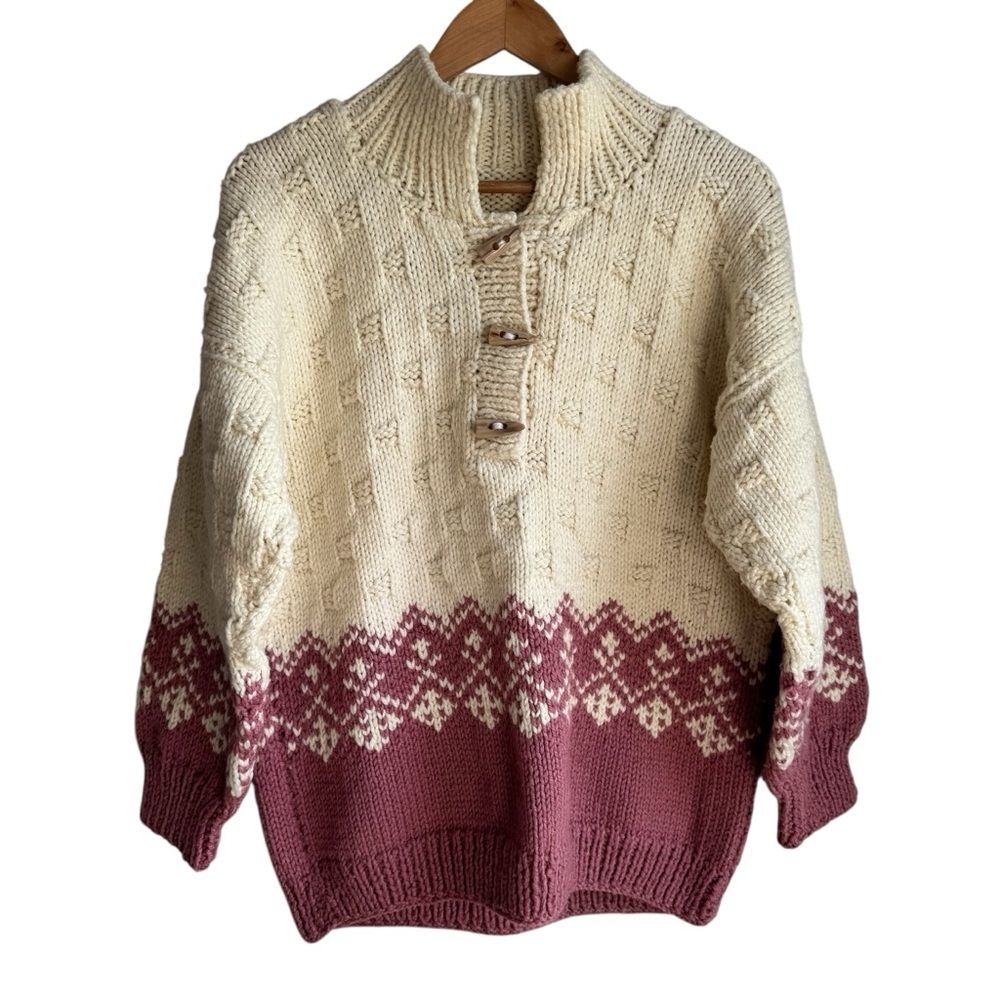 Handmade Chunky Knit Pullover Sweater M/L Cream Pink Fisherman Nordic Cozy VGUC